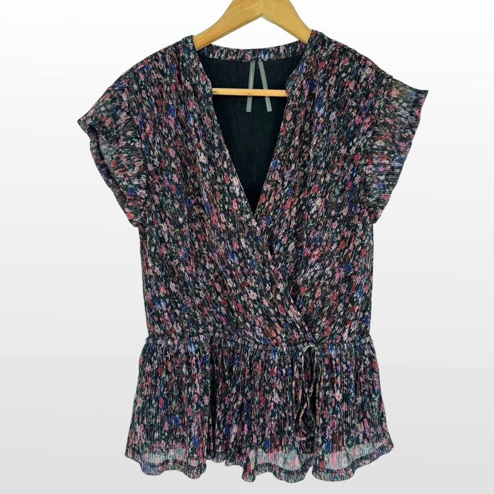 Anthropologie Floral Metallic Peplum Wrap‎ Top S Flutter Sleeve Boho Feminine